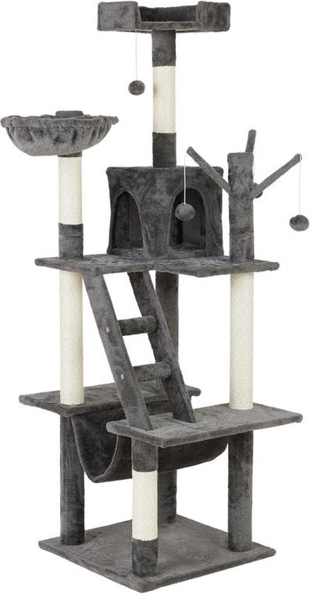 Fameilleur- XXL krabpaal - Antraciet- Geschikt voor katten tot 6 kg- 1.5 m hoog- geconstrueerd hout, PP en metaal- krab paal- dierenpaal- dieren paal- speel voor dieren- kattenboom- katten boom- kattenmand- met hangmat- klimrek- dierenhuis- krabplank