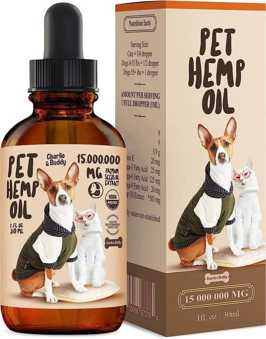 Hemp Oil for Dogs & Cats – Natural Calming Drops for Anxiety, Joint Pain Relief, Stress, Sleep Aid & Mobility Support – Omega 3-6-9 & Vitamin E – Organic Pet Supplement- fish oil