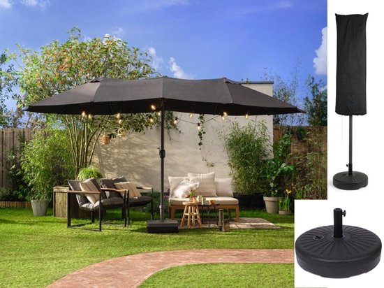 Fameilleur-Dubbele Parasol met Ronde Parasolvoet –antraciet- UV 50 Coating, Waterbestendig, Makkelijk te Openen met Handslinger, Ideaal voor Tuin, Terras, Camping – Extra Grote Schaduwplek