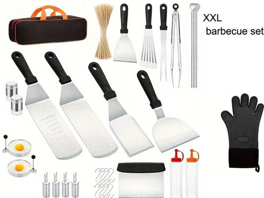 18-delige XXL Barbecue Set – Compleet BBQ Accessoires Kit met Spatels, Sausflessen, Hittebestendige Handschoen, Grilldeksel, Vleesdrukkers, Kwastjes, Zout & Peper Bakje voor BBQ, barbecuegereedschapset- gereedschap –Perfect voor Grillen en Barbecueën