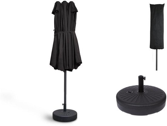 Fameilleur-Dubbele Parasol met Ronde Parasolvoet –antraciet- UV 50 Coating, Waterbestendig, Makkelijk te Openen met Handslinger, Ideaal voor Tuin, Terras, Camping – Extra Grote Schaduwplek