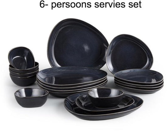 serviesset- bordenset- servies- borden- diner- 18-delige Servies set Ovaal - blauw- voor 6 Personen | Keramiek Servies met Uniek Reactief Glazuur, Vaatwasser- en Magnetronbesten