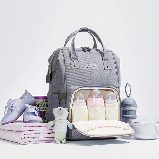 Modern Quilted Diaper Bag Backpack – 13 Compartments, USB Port, Waterproof Oxford Fabric – Hands-Free Stroller Hooks & Anti-Theft Pocket