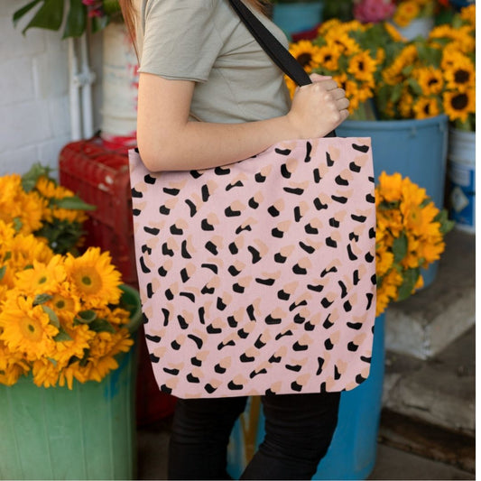 Pink Leopard Print Tote Bag – Reusable Medium Shopper with Black Handles – Stylish Polyester Bag for Beach, Travel & Everyday Use
