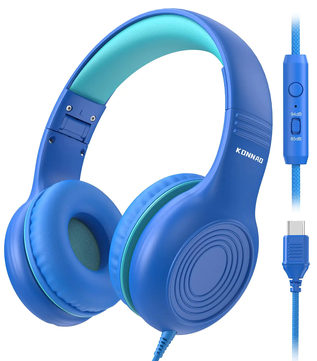 KONNAO Upgrade USB Type C Kids Headphones Wired Headphones for Kids with Microphone for Boys Girls Adjustable 85dB/94dB Volume Limited (Navy/Blue)